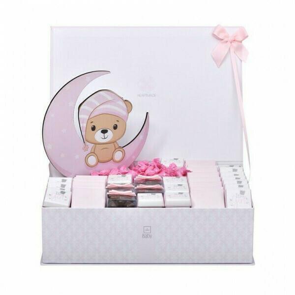 825g Pink Baby Girl Chocolate Box with Wood Bear Figure