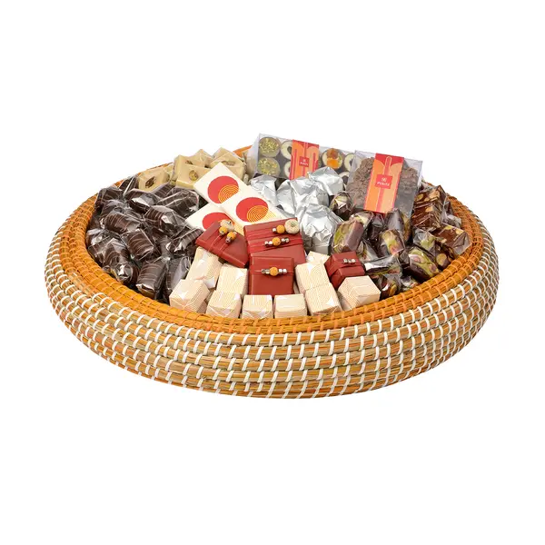 3400g Round Mustard Bamboo Tray, Ramadan Arrangement