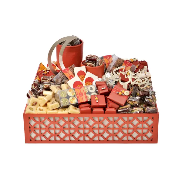 3950g Rectangular Red Wood Tray With Arabesque Patterns, Ramadan Arrangement