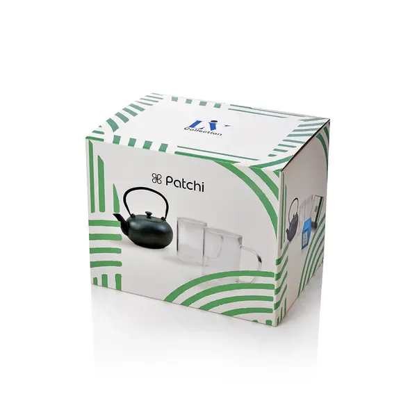 Tea Pot set with two glass mugs accompanied with a Box of tea and 85g of chocolate, Liv Collection 