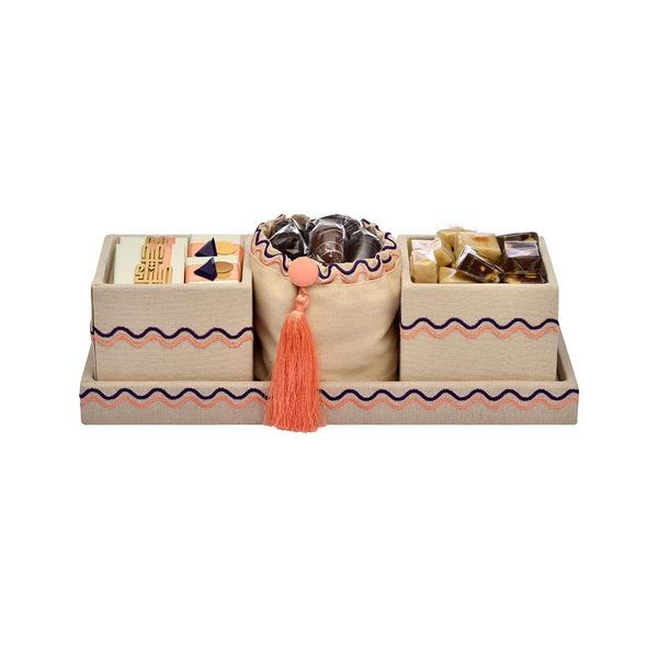 600g Three-Partition Rectangular Fabric-Enveloped Tray with Orange and Purple Patterns, Ramadan Arrangement