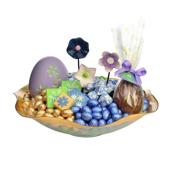 Colored Glass Plate with Golden Curved Borders, Easter Arrangement, 2900g