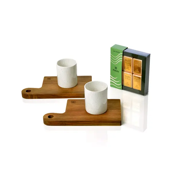 Two Espresso Cups With Wooden Tray and 100g of Chocolate, Liv Collection 